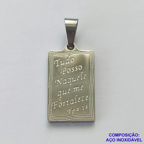 PINGENTE EM AÇO INOXIDÁVEL(CX54) - PINGENTE RETANGULAR TUDO POSSO NAQUELE QUE ME FORTALECE 10X17MM - AÇO1250