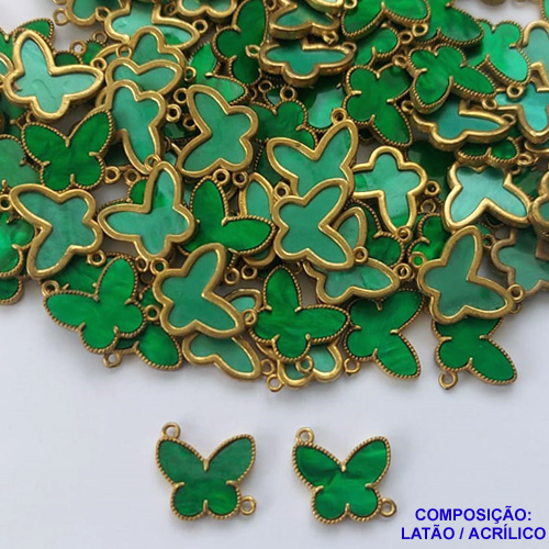 ACESSÓRIO NO BRUTO PRONTO PARA O BANHO - PINGENTE BORBOLETA VERDE TIPO VAN CLEEF 15MM COM DUAS ARGOLINHAS - COMPOSIÇÃO: LATÃO / ACRÍLICO - PESO: 0,6GR - BRU0002595