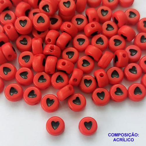 ACESSÓRIO NO BRUTO PRONTO PARA O BANHO(CX54) - MIÇANGAS REDONDA VERMELHA COM CORAÇÃO PRETO E FURO PASSANTE - TAMANHO 6MM - (PEÇA VENDIDA POR UNIDADE)- BRU0002597