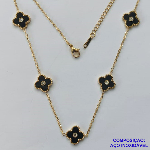 GARGANTILHA EM AÇO INOXIDÁVEL(CX66) - GARGANTILHA EM AÇO INOXIDÁVEL DOURADO COM PINGENTES TIPO VAN CLEEF PRETOS COM ZIRCÔNIA 13MM - TAMANHO: 45CM + EXTENSOR - FECHO LAGOSTA - COMPOSIÇÃO: AÇO INOXIDÁVEL - GARANTIA 06 MESES - AÇO1257