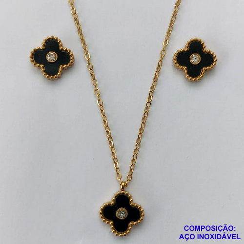 CONJUNTO EM AÇO INOXIDÁVEL(CX55) - CONJUNTO EM AÇO INOXIDÁVEL DOURADO COM PINGENTES TIPO VAN CLEEF PRETO 13MM - TAMANHO: 45CM + EXTENSOR - FECHO LAGOSTA - COMPOSIÇÃO: AÇO INOXIDÁVEL - GARANTIA 06 MESES - AÇO1261
