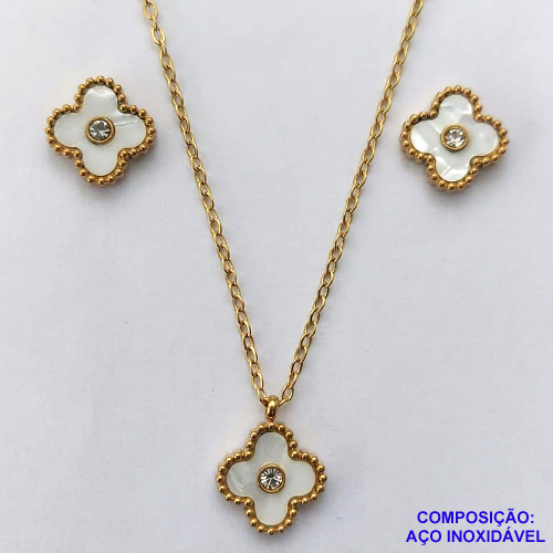 CONJUNTO EM AÇO INOXIDÁVEL(CX55) - CONJUNTO EM AÇO INOXIDÁVEL DOURADO COM PINGENTES TIPO VAN CLEEF MADRE PÉROLA 13MM - TAMANHO: 45CM + EXTENSOR - FECHO LAGOSTA - COMPOSIÇÃO: AÇO INOXIDÁVEL - GARANTIA 06 MESES - AÇO1264