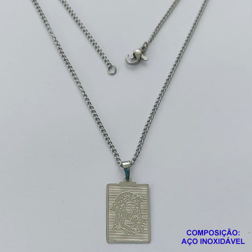 GARGANTILHA EM AÇO INOXIDÁVEL(CX57) - GARGANTILHA COM PINGENTE RETANGULAR JESUS CRISTO 14X19MM - TAMANHO: 45CM - FECHO LAGOSTA - COMPOSIÇÃO: AÇO INOXIDÁVEL - AÇO1265