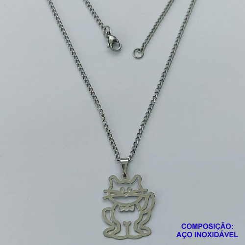 GARGANTILHA EM AÇO INOXIDÁVEL(CX57) - GARGANTILHA COM PINGENTE VAZADO GATINHO 21X23MM - TAMANHO: 45CM - FECHO LAGOSTA - COMPOSIÇÃO: AÇO INOXIDÁVEL - AÇO1267