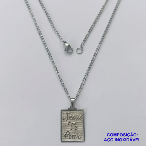 GARGANTILHA EM AÇO INOXIDÁVEL(CX60) - GARGANTILHA COM PINGENTE PLACA RETANGULAR JESUS TE AMA 15X20MM - TAMANHO: 45CM - COMPOSIÇÃO: AÇO INOXIDÁVEL - AÇO1282