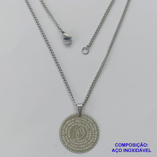 GARGANTILHA EM AÇO INOXIDÁVEL(CX60) - GARGANTILHA COM PINGENTE MEDALHA REDONDA ORAÇÃO AVE MARIA 22MM - TAMANHO: 45CM - COMPOSIÇÃO: AÇO INOXIDÁVEL - AÇO1285