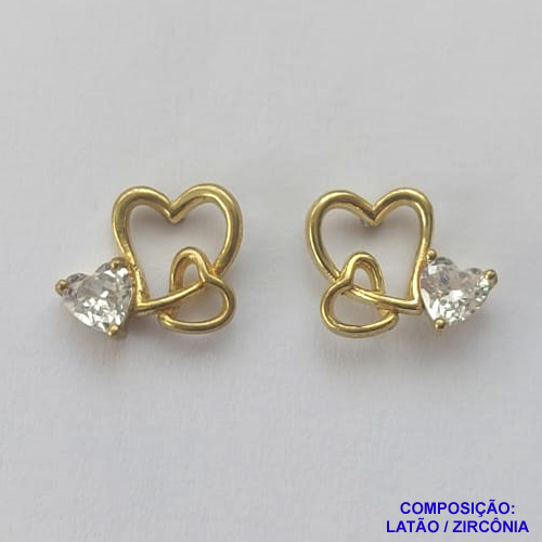 BRINCO NO BRUTO PRONTO PARA O BANHO(CX61)- (BX001293 W) BRINCO COM CORAÇÕES VAZADOS E ZIRCÔNIAS CRISTAL 11X12MM - PESO TOTAL 2GR - BRU13403