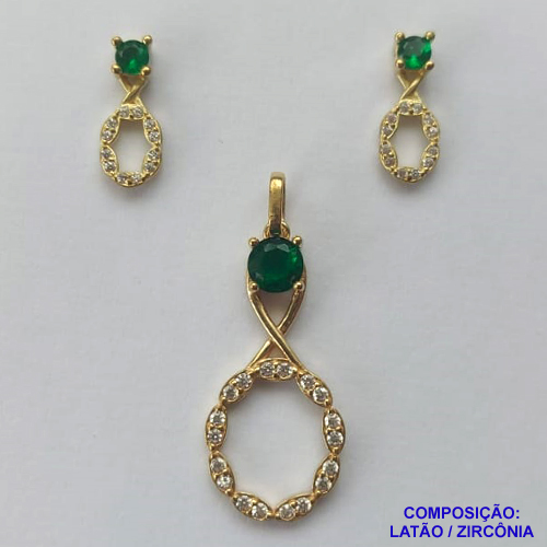 CONJUNTO NO BRUTO PRONTO PARA O BANHO(CX61) - (CX002485 C129) CONJUNTO "SEM CORRENTE" COM BRINCOS E PINGENTE COM DETALHES VAZADOS COM ZIRCÔNIAS CRISTAIS E VERDE 12X26MM - PESO TOTAL 2,2GR - BRU13404