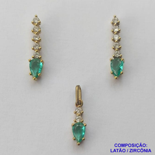 CONJUNTO NO BRUTO PRONTO PARA O BANHO(CX61) - (CX002711 C037) CONJUNTO "SEM CORRENTE" COM BRINCOS E PINGENTE COM DETALHES ZIRCÔNIAS CRISTAIS E VERDE 4X20MM - PESO TOTAL 1,8GR - BRU13405