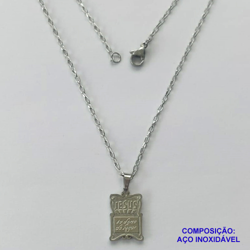 GARGANTILHA EM AÇO INOXIDÁVEL (CX63)- (AÇO012) GARGANTILHA COM PINGENTE JESUS É O DONO DO LUGAR 12X19MM - COMPRIMENTO: 50CM - FECHO LAGOSTA - AÇO1288