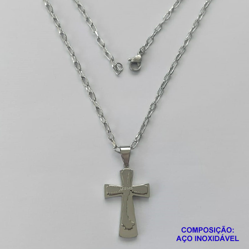 GARGANTILHA EM AÇO INOXIDÁVEL(CX66) - (AÇO013) GARGANTILHA COM PINGENTE CRUCIFIXO EM ALTO RELEVO COM PALAVRA JESUS 19X31MM - COMPRIMENTO: 50CM - FECHO LAGOSTA - AÇO1289
