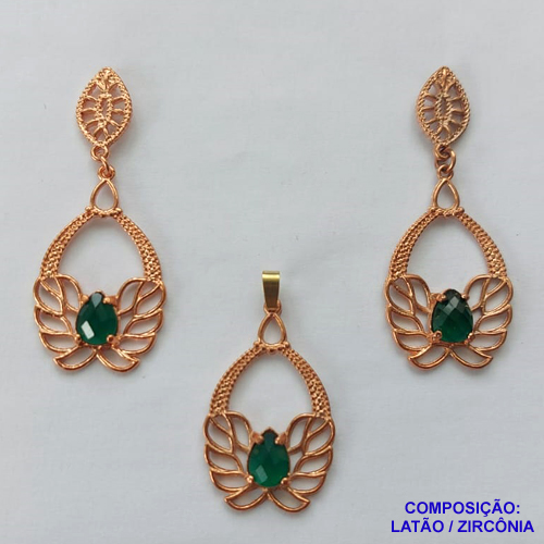 CONJUNTO NO BRUTO PRONTO PARA O BANHO(CX80) - CONJUNTO "SEM CORRENTE" - PINGENTES DETALHES VAZADOS COM PEDRA EM ZIRCÔNIA VERDE 17X29MM - PESO TOTAL 6,6GR - BRU13407