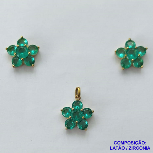 CONJUNTO NO BRUTO PRONTO PARA O BANHO (CX63) - (CX001228 C037) CONJUNTO "SEM CORRENTE" FLOR CRAVEJADA EM ZIRCÔNIAS VERDES 14MM - PESO TOTAL 6,2GR - BRU13410