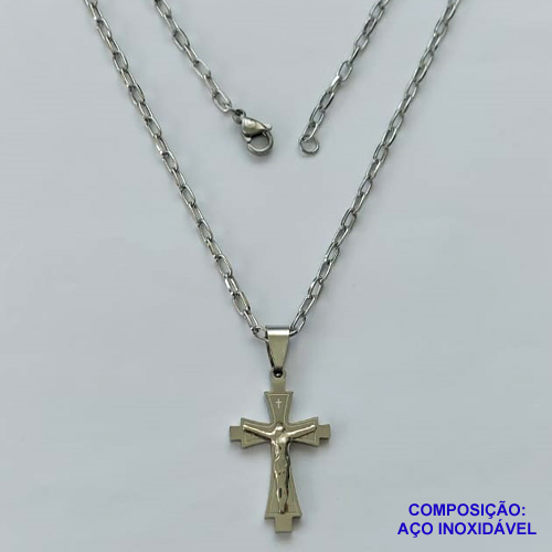 GARGANTILHA EM AÇO INOXIDÁVEL(CX63) - (AÇO013) GARGANTILHA COM PINGENTE CRUCIFIXO EM ALTO RELEVO 18X30MM - COMPRIMENTO: 50CM - FECHO LAGOSTA - AÇO1290