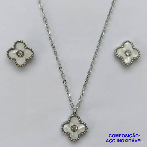CONJUNTO EM AÇO INOXIDÁVEL(CX80) - GARGANTILHA E BRINCOS COM PINGENTES TIPO VAN CLEEF MADRE PÉROLA 13MM - COMPRIMENTO: 40CM + EXTENSOR - FECHO LAGOSTA - AÇO1291