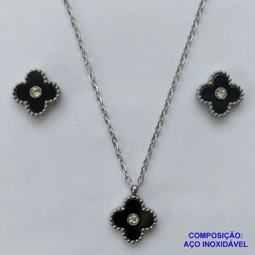 CONJUNTO EM AÇO INOXIDÁVEL(CX77) - GARGANTILHA E BRINCOS COM PINGENTES TIPO VAN CLEEF PRETO 13MM - COMPRIMENTO: 40CM + EXTENSOR - FECHO LAGOSTA - AÇO1292