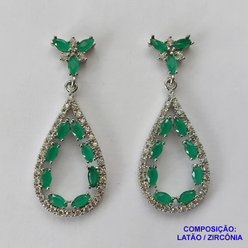 BRINCO NO BRUTO PRONTO BANHO(CX65) - BRINCO DE PINO GOTA VAZADA CRAVEJADA EM ZIRCÔNIAS 17X43MM - PESO TOTAL 6GR - BRU13418