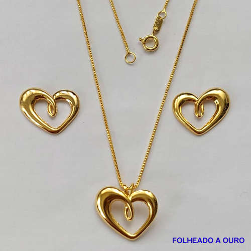 CONJUNTO FOLHEADO A OURO - BANHADO COM 5 MILÉSIMOS + VERNIZ DIAMOND - (CJB777) CONJUNTO COM CORRENTE VENEZIANA 45CM E PINGENTES CORAÇÃO VAZADOS 16MM - FECHO REDONDO - OURO181