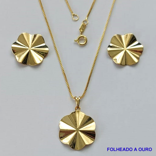 CONJUNTO FOLHEADO A OURO - BANHADO COM 5 MILÉSIMOS + VERNIZ DIAMOND - (CJA809) CONJUNTO COM CORRENTE VENEZIANA 45CM E PINGENTES ORGÂNICOS "MARTELADOS" 20MM - FECHO REDONDO - OURO183