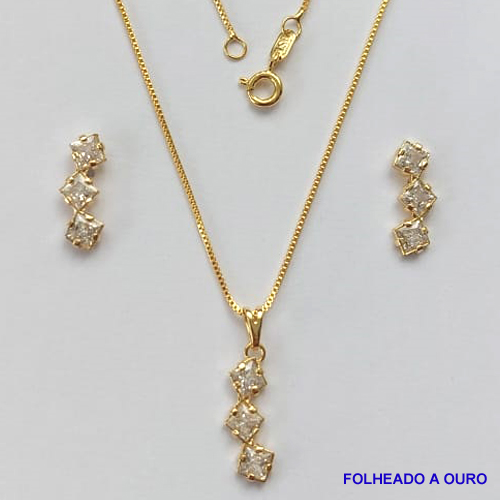 CONJUNTO FOLHEADO A OURO - BANHADO COM 5 MILÉSIMOS + VERNIZ DIAMOND - (CJA757) CONJUNTO COM CORRENTE VENEZIANA 45CM E PINGENTES COM PEDRAS EM ZIRCÔNIAS CRISTAIS 6X20MM - FECHO REDONDO - OURO185