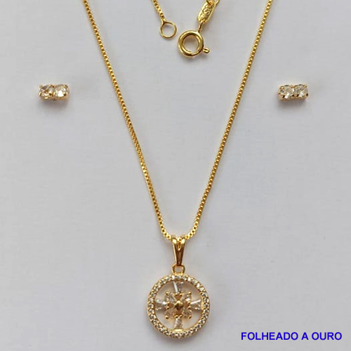 CONJUNTO FOLHEADO A OURO - BANHADO COM 5 MILÉSIMOS + VERNIZ DIAMOND - (CJB718) CONJUNTO COM CORRENTE VENEZIANA 45CM E PINGENTE REDONDO COM PEDRAS EM ZIRCÔNIAS CRISTAIS 13MM - FECHO REDONDO - OURO186