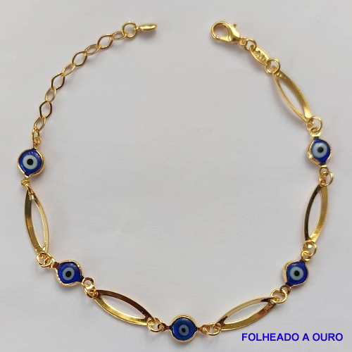 PULSEIRA FOLHEADA A OURO - BANHADO COM 5 MILÉSIMOS + VERNIZ DIAMOND - (PLD050) PULSEIRA COM DETALHES VAZADOS E OLHOS GREGOS 17CM + EXTENSOR - FECHO LAGOSTA - OURO187