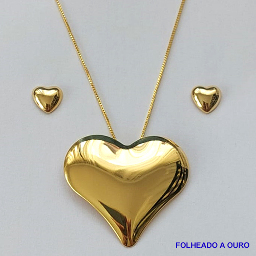 CONJUNTO FOLHEADO A OURO - BANHADO COM 5 MILÉSIMOS + VERNIZ DIAMOND - (CJA814) CONJUNTO COM CORRENTE VENEZIANA 45CM E PINGENTE CORAÇÃO LISO 37X40MM - FECHO REDONDO - OURO188