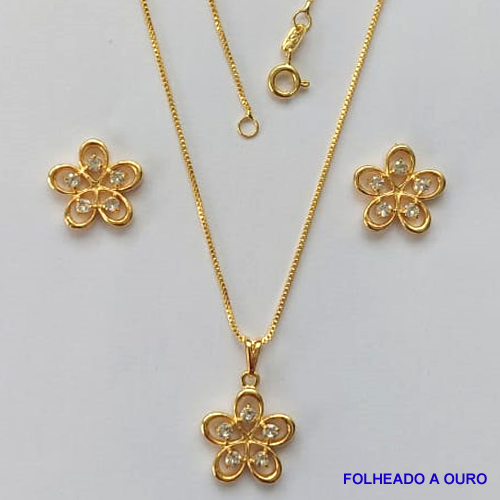 CONJUNTO FOLHEADO A OURO - BANHADO COM 5 MILÉSIMOS + VERNIZ DIAMOND - (CJA836) CONJUNTO COM CORRENTE VENEZIANA 45CM E PINGENTES FLORES VAZADO CRAVEJADO EM MICROS ZIRCÔNIAS 15MM - FECHO REDONDO - OURO193
