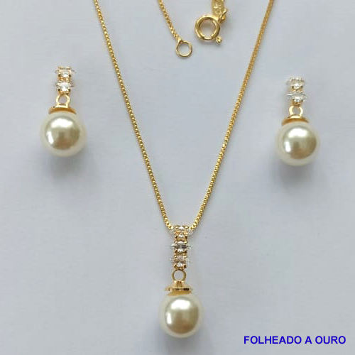 CONJUNTO FOLHEADO A OURO - BANHADO COM 5 MILÉSIMOS + VERNIZ DIAMOND - (CJB588) CONJUNTO COM CORRENTE VENEZIANA 45CM E PINGENTES PÉROLAS COM ZIRCÔNIAS 20MM - FECHO REDONDO - OURO195