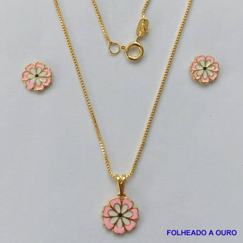 CONJUNTO FOLHEADO A OURO - BANHADO COM 5 MILÉSIMOS + VERNIZ DIAMOND - (CJI167) CONJUNTO COM CORRENTE VENEZIANA 45CM E PINGENTES FLOR ROSA 11MM - FECHO REDONDO - OURO198