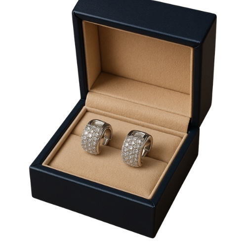 BRINCO FOLHEADO A PRATA (Cx63)- BRINCO ARGOLA CRAVEJADO EM MICROS ZIRCÔNIAS 8X14MM  - PRA001