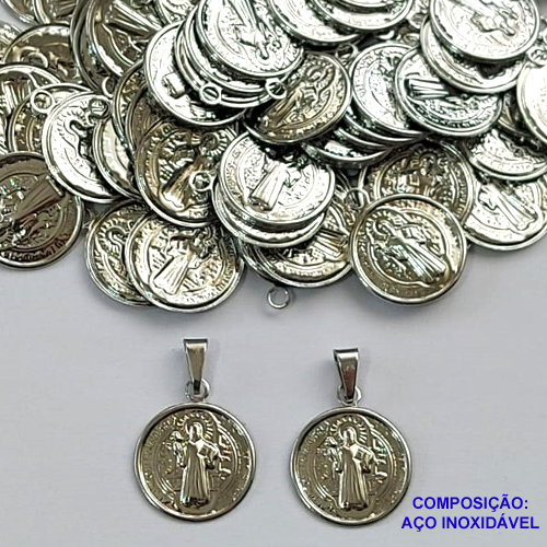 PINGENTE EM AÇO INOXIDÁVEL(CX67) - PINGENTE MEDALHA SÃO BENTO 14MM - AÇO1299