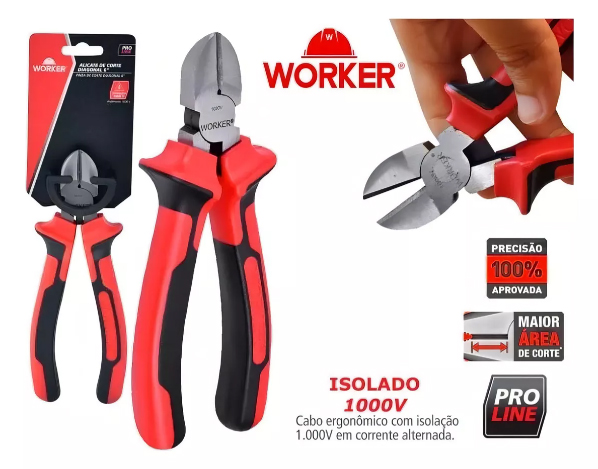 ALICATE DE CORTE DIAGONAL PARA MONTAGEM E FABRICAÇÃO DE JOIAS - CABO EMBORRACHADO - TAMANHO 6'' 1000V - AÇO CARBONO WORKER - BRU0002715