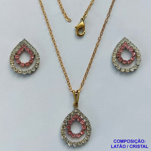 CONJUNTO NO BRUTO PRONTO PARA O BANHO(CX68) - CONJUNTO CORRENTE CADEADO 45CM E PINGENTES GOTAS VAZADAS COM CRISTAIS 15X21MM - COMPOSIÇÃO: LATÃO / CRISTAL - PESO TOTAL 4,3GR - BRU13448