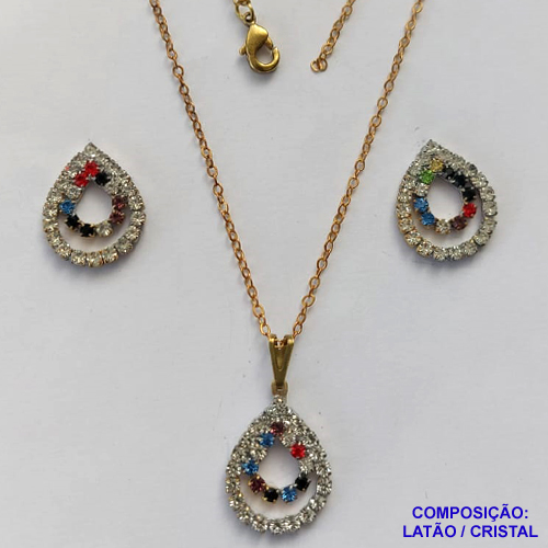 CONJUNTO NO BRUTO PRONTO PARA O BANHO(CX68) - CONJUNTO CORRENTE CADEADO 45CM E PINGENTES GOTAS VAZADAS COM CRISTAIS 15X21MM - COMPOSIÇÃO: LATÃO / CRISTAL - PESO TOTAL 4,3GR - BRU13449