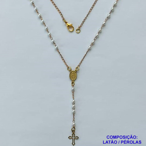 GARGANTILHA NO BRUTO PRONTO PARA O BANHO(CX68) - (GB279) TERÇO COM CORRENTE EM PÉROLAS 2MM COM PINGENTE NOSSA SRA APARECIDA E CRUCIFIXO VAZADO - COMPOSIÇÃO: LATÃO / PÉROLAS - PESO TOTAL 2,5GR - BRU13452