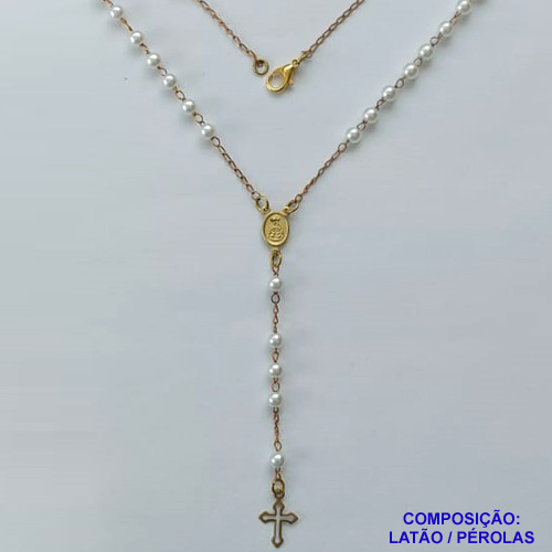 GARGANTILHA NO BRUTO PRONTO PARA O BANHO(CX68) - (GB205) TERÇO COM CORRENTE EM PÉROLAS 4MM COM PINGENTE NOSSA SRA APARECIDA E CRUCIFIXO VAZADO - COMPOSIÇÃO: LATÃO / PÉROLAS - PESO TOTAL 2,7GR - BRU13453