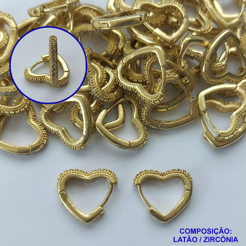BRINCO NO BRUTO PRONTO PARA O BANHO(CX99) - BRINCO ARGOLA CORAÇÃO CRAVEJADO EM MICROS ZIRCÔNIAS 2X13MM - PESO TOTAL 2,6G - BRU13460