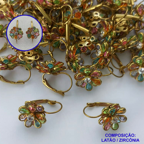 BRINCO NO BRUTO PRONTO PARA O BANHO(CX73) - BRINCO ARGOLINHA DE PRESSÃO (TRANQUETA) FLOR CRAVEJADO EM ZIRCÔNIAS COLORIDAS - TAMANHO 15MM - PESO TOTAL 4,2GR - BRU13463