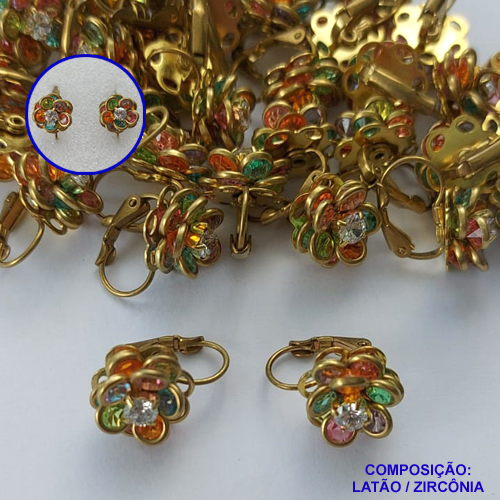BRINCO NO BRUTO PRONTO PARA O BANHO(CX73) - BRINCO ARGOLINHA DE PRESSÃO (TRANQUETA) FLOR CRAVEJADO EM ZIRCÔNIAS COLORIDAS - TAMANHO 12MM - PESO TOTAL 3,4GR - BRU13465