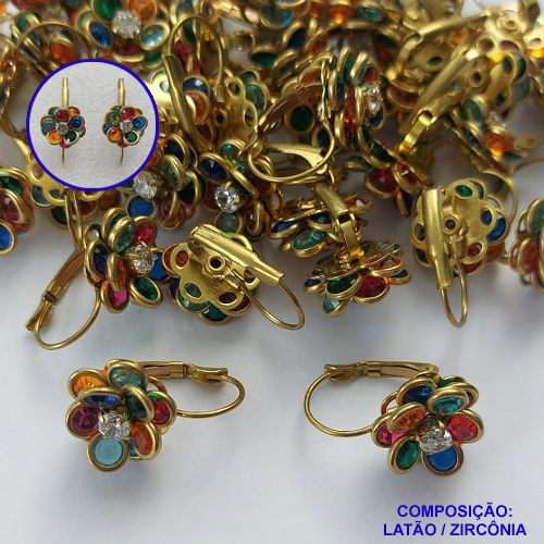 BRINCO NO BRUTO PRONTO PARA O BANHO(CX36) - BRINCO ARGOLINHA DE PRESSÃO (TRANQUETA) FLOR CRAVEJADO EM ZIRCÔNIAS COLORIDAS - TAMANHO 15MM - PESO TOTAL 4,3GR - BRU13466