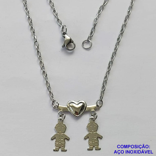 GARGANTILHA EM AÇO INOXIDÁVEL(CX70) - (AÇO12) GARGANTILHA CORRENTE 45CM COM PINGENTE CANGA COM DOIS MENINOS 20X24MM - COMPOSIÇÃO: AÇO INOXIDÁVEL - AÇO1314