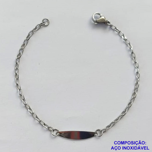 PULSEIRA EM AÇO INOXIDÁVEL(CX70) - (AÇO12) PULSEIRA INFANTIL COM CORRENTE 14CM COM PLAQUINHA PARA GRAVAÇÃO 4X18MM - COMPOSIÇÃO: AÇO INOXIDÁVEL - AÇO1315