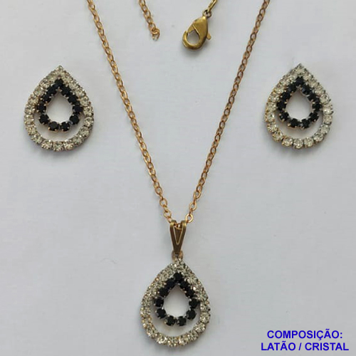 CONJUNTO NO BRUTO PRONTO PARA O BANHO - (CX.70)  CONJUNTO CORRENTE CADEADO 45CM E PINGENTES GOTAS VAZADAS COM CRISTAIS 15X21MM - COMPOSIÇÃO: LATÃO / CRISTAL - PESO TOTAL 4,3GR - BRU13468