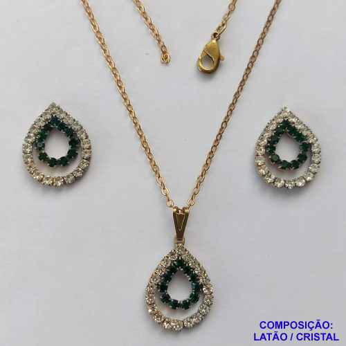 CONJUNTO NO BRUTO PRONTO PARA O BANHO(CX70) - CONJUNTO CORRENTE CADEADO 45CM E PINGENTES GOTAS VAZADAS COM CRISTAIS 15X21MM - COMPOSIÇÃO: LATÃO / CRISTAL - PESO TOTAL 4,3GR - BRU13469