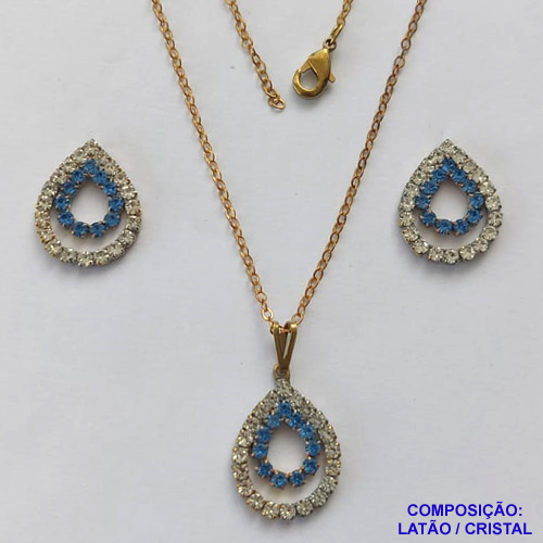 CONJUNTO NO BRUTO PRONTO PARA O BANHO(CX70) - CONJUNTO CORRENTE CADEADO 45CM E PINGENTES GOTAS VAZADAS COM CRISTAIS 15X21MM - COMPOSIÇÃO: LATÃO / CRISTAL - PESO TOTAL 4,3GR - BRU13470