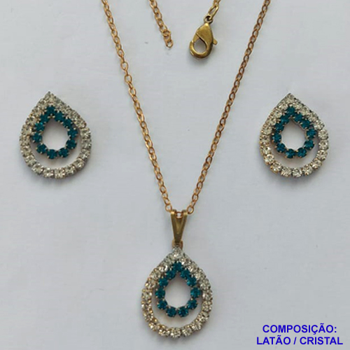 CONJUNTO NO BRUTO PRONTO PARA O BANHO(CX70) - CONJUNTO CORRENTE CADEADO 45CM E PINGENTES GOTAS VAZADAS COM CRISTAIS 15X21MM - COMPOSIÇÃO: LATÃO / CRISTAL - PESO TOTAL 4,3GR - BRU13471