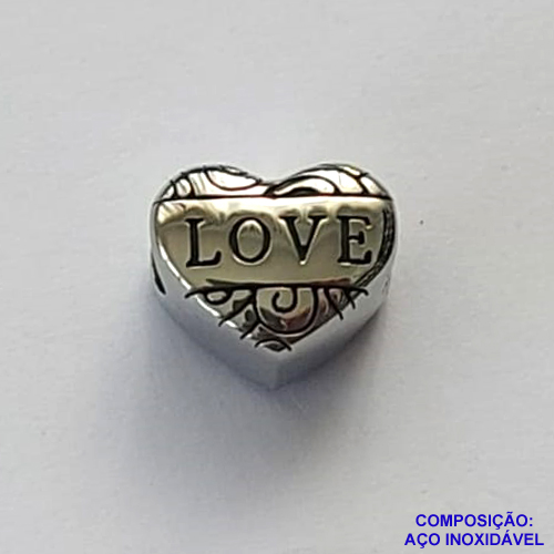 BERLOQUE PARA PULSEIRAS TIPO PANDORA(CX80) - CORAÇÃO COM PALAVRA LOVE 10X11MM - COMPOSIÇÃO 100% AÇO INOXIDÁVEL - AÇO1319