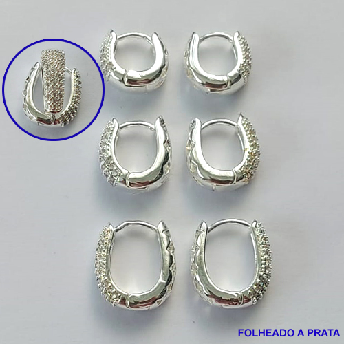 BRINCO FOLHEADO A PRATA(CX73) - BRINCO DE TRIO ARGOLA CRAVEJADOS EM MICROS ZIRCÔNIAS TAMANHOS 12/14/16MM LARGURA 6MM - PRA010