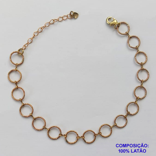 PULSEIRA NO BRUTO PRONTO PARA BANHO - PULSEIRA COM CORRENTE ELO PORTUGUÊS E CORRENTE COM ELEMENTOS VAZADOS (P40 / COL598) - TAMANHO 18CM + EXTENSOR - PESO: 3,2GR - FECHO LAGOSTA - BRU13496